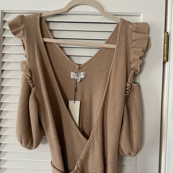 Never Fully Dressed ruffle cold shoulder wrap tie knitted midi dress in camel - Picture 6 of 8